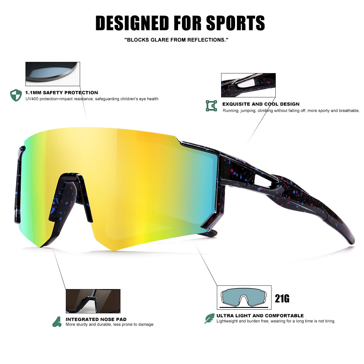 Kids Sunglasses Youth Baseball Sunglasses for Boys Girls Softball Sports Sun Glasses UV Protection