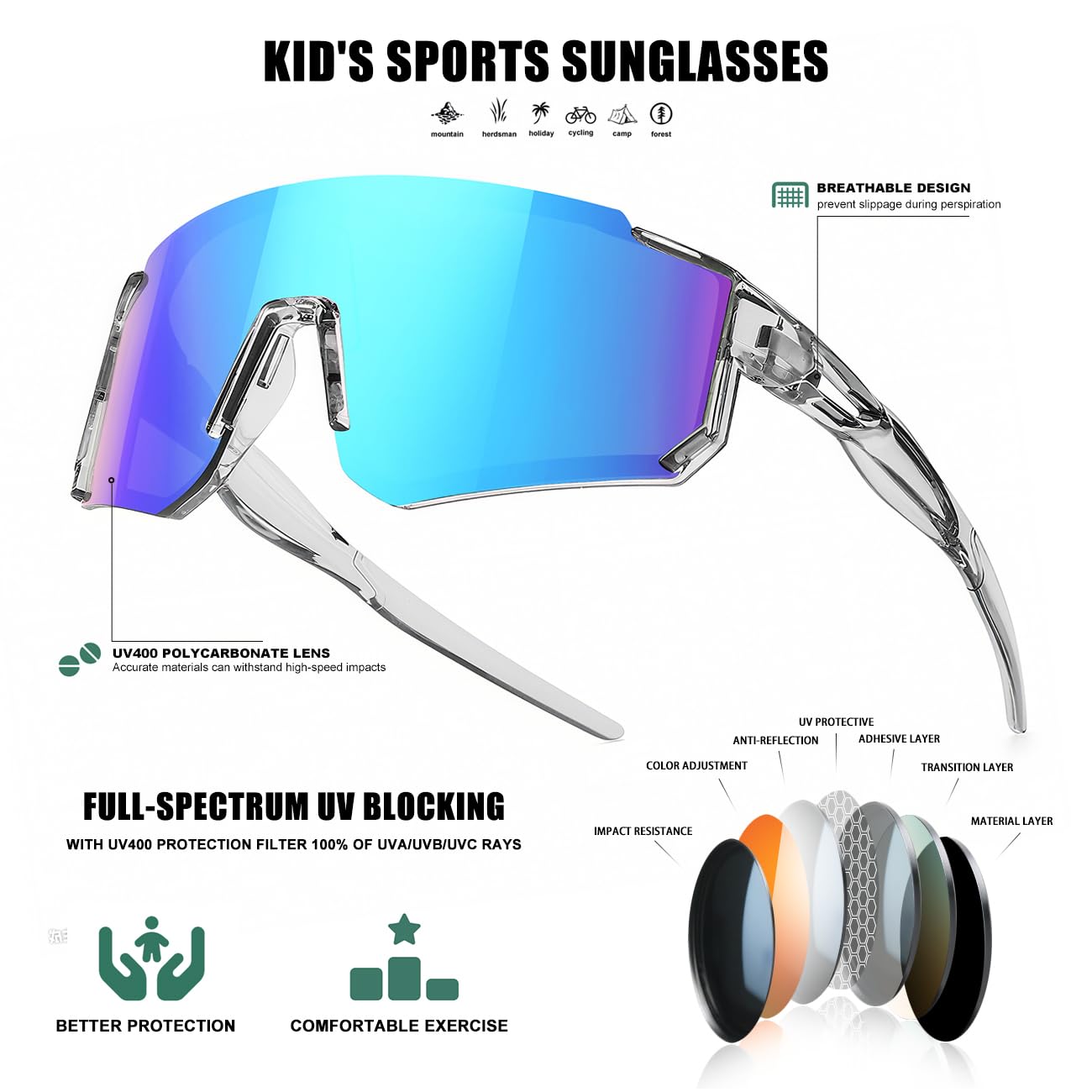 Kids Sunglasses Youth Baseball Sunglasses for Boys Girls Softball Sports Sun Glasses UV Protection
