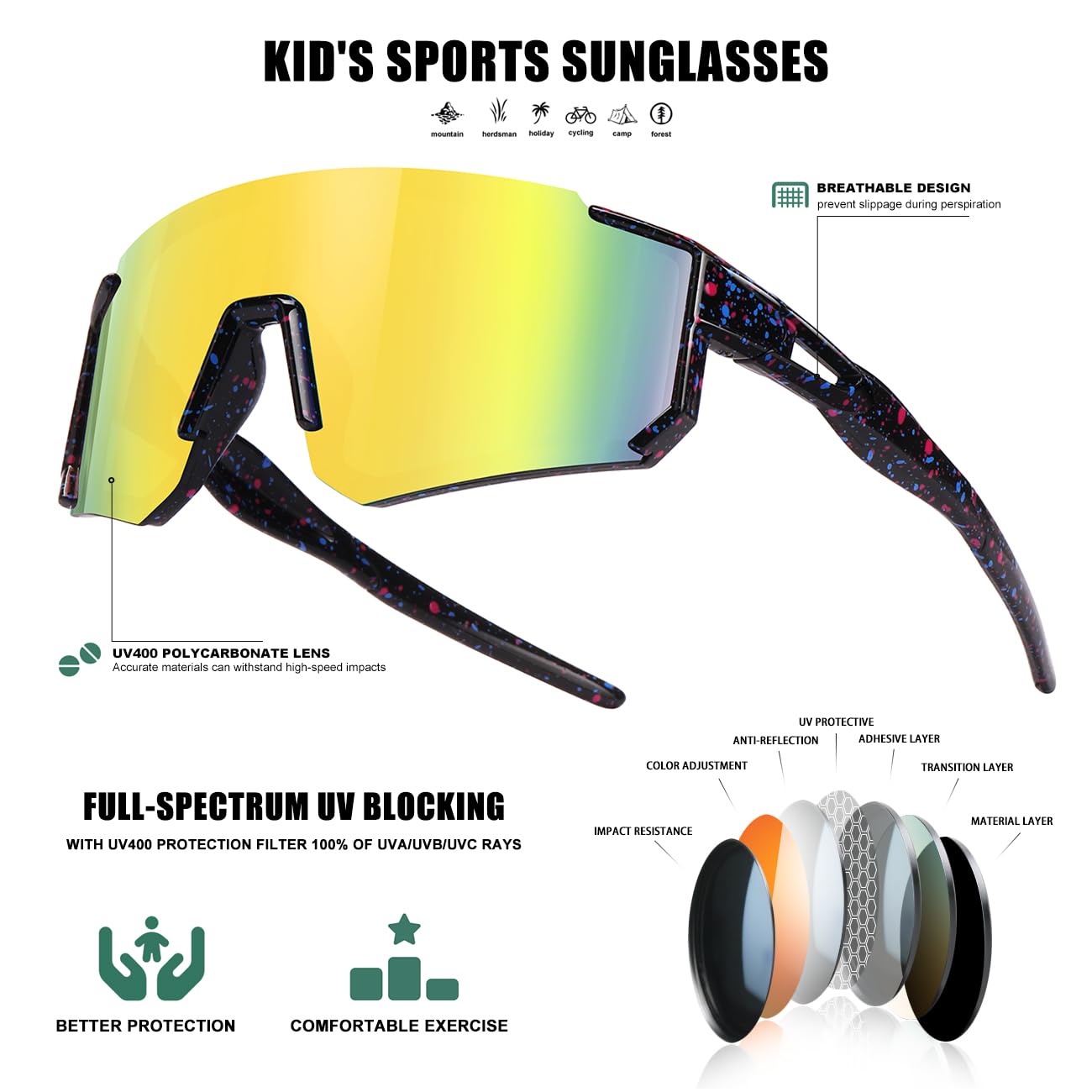 Kids Sunglasses Youth Baseball Sunglasses for Boys Girls Softball Sports Sun Glasses UV Protection