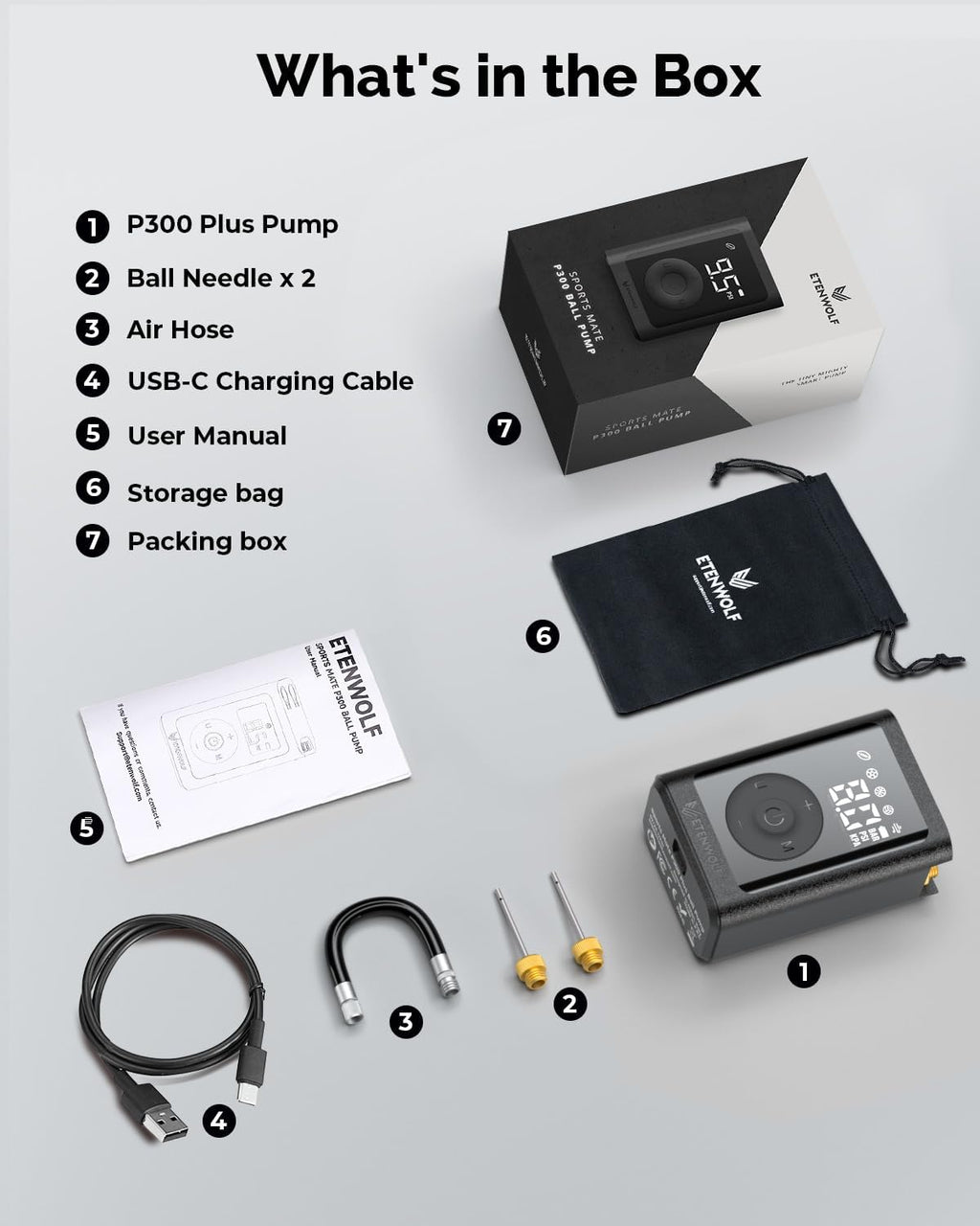 ETENWOLF P300 Plus Ball Pump, Electric Basketball Pump Inflation and Deflation, with 3200 mAh Rechargeable Battery, Air Pump for All Sports Balls
