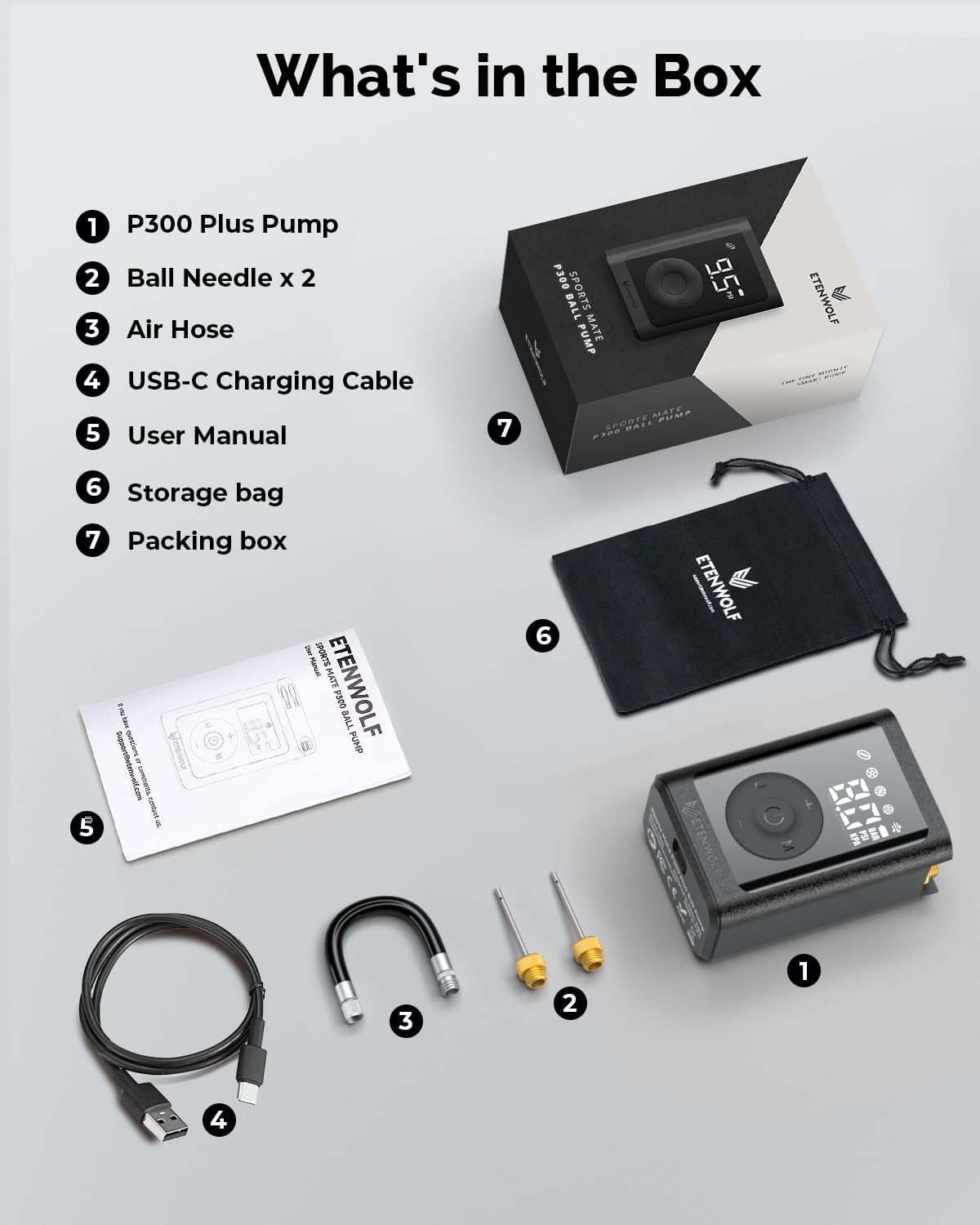 ETENWOLF P300 Plus Ball Pump, Electric Basketball Pump Inflation and Deflation, with 3200 mAh Rechargeable Battery, Air Pump for All Sports Balls