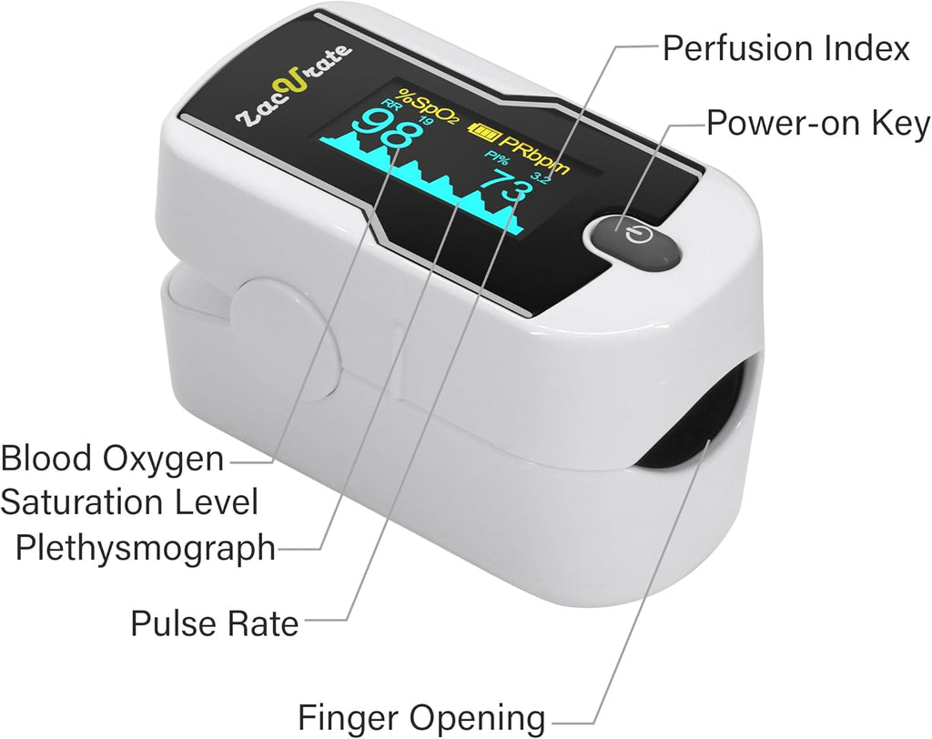 Zacurate 500E-B Oxímetro de pulso de dedo inalámbrico Bluetooth con aplicación GRATIS, SpO2, frecuencia cardíaca, pletismógrafo e índice de perfusión, medidor de oxígeno en la sangre