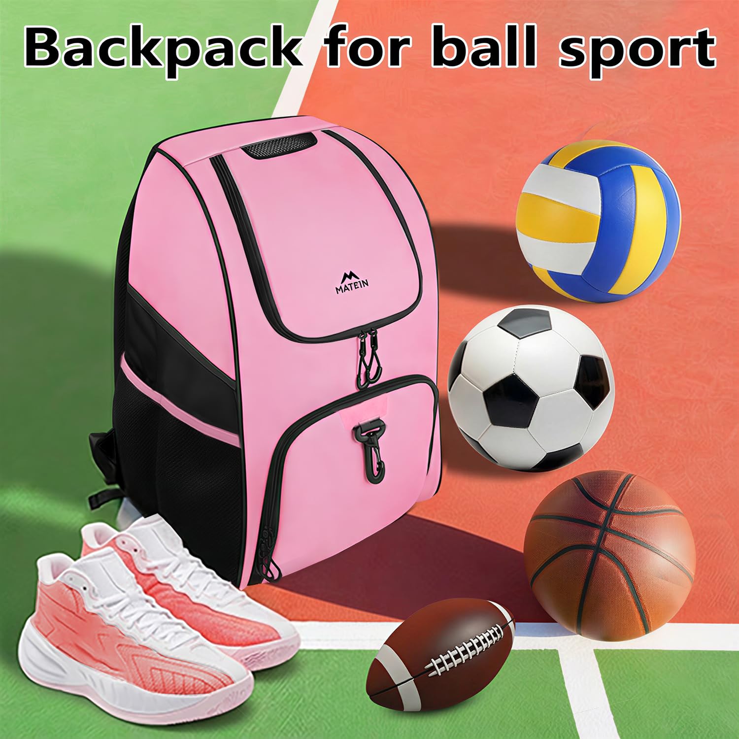 MATEIN - Bolsa de baloncesto, mochila de fútbol resistente con soporte para pelota y compartimento para zapatos, gran mochila de baloncesto para equipo de entrenamiento, mochila de baloncesto