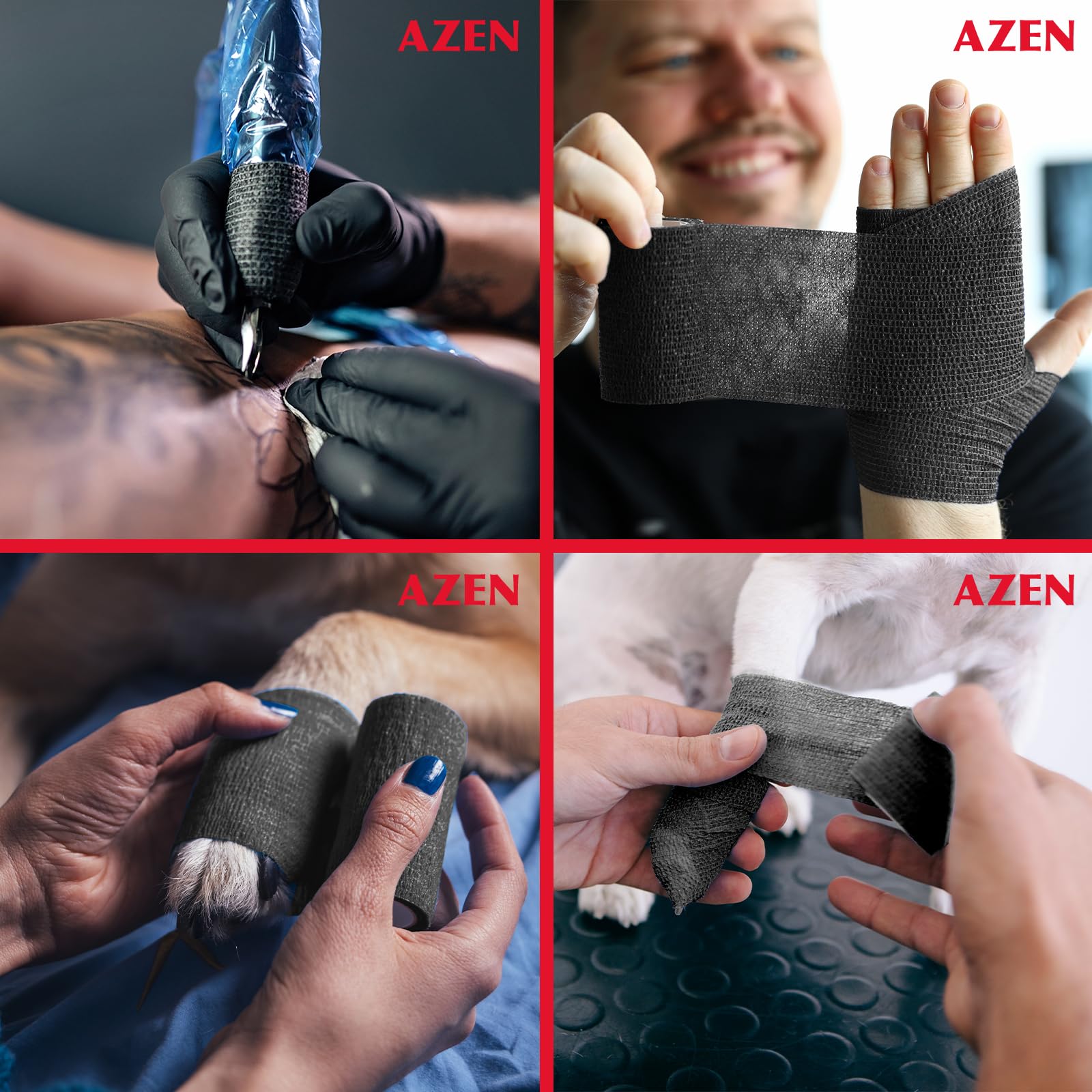 AZEN Paquete de 16 Vendas Autoadhesivas Negras, Cinta Atlética Negra de 2" X 5 Yardas, Venda Veterinaria, Cinta de Agarre para Tatuaje, Cinta para Tobillo, Venda Cohesiva