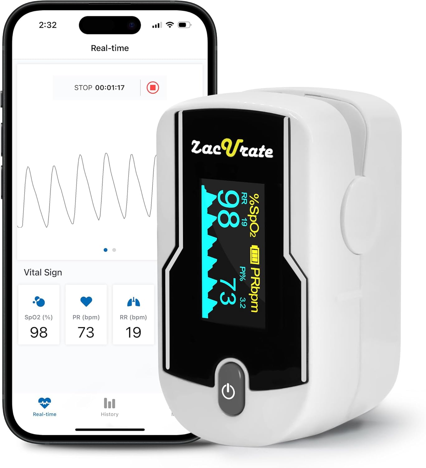 Zacurate 500E-B Oxímetro de pulso de dedo inalámbrico Bluetooth con aplicación GRATIS, SpO2, frecuencia cardíaca, pletismógrafo e índice de perfusión, medidor de oxígeno en la sangre