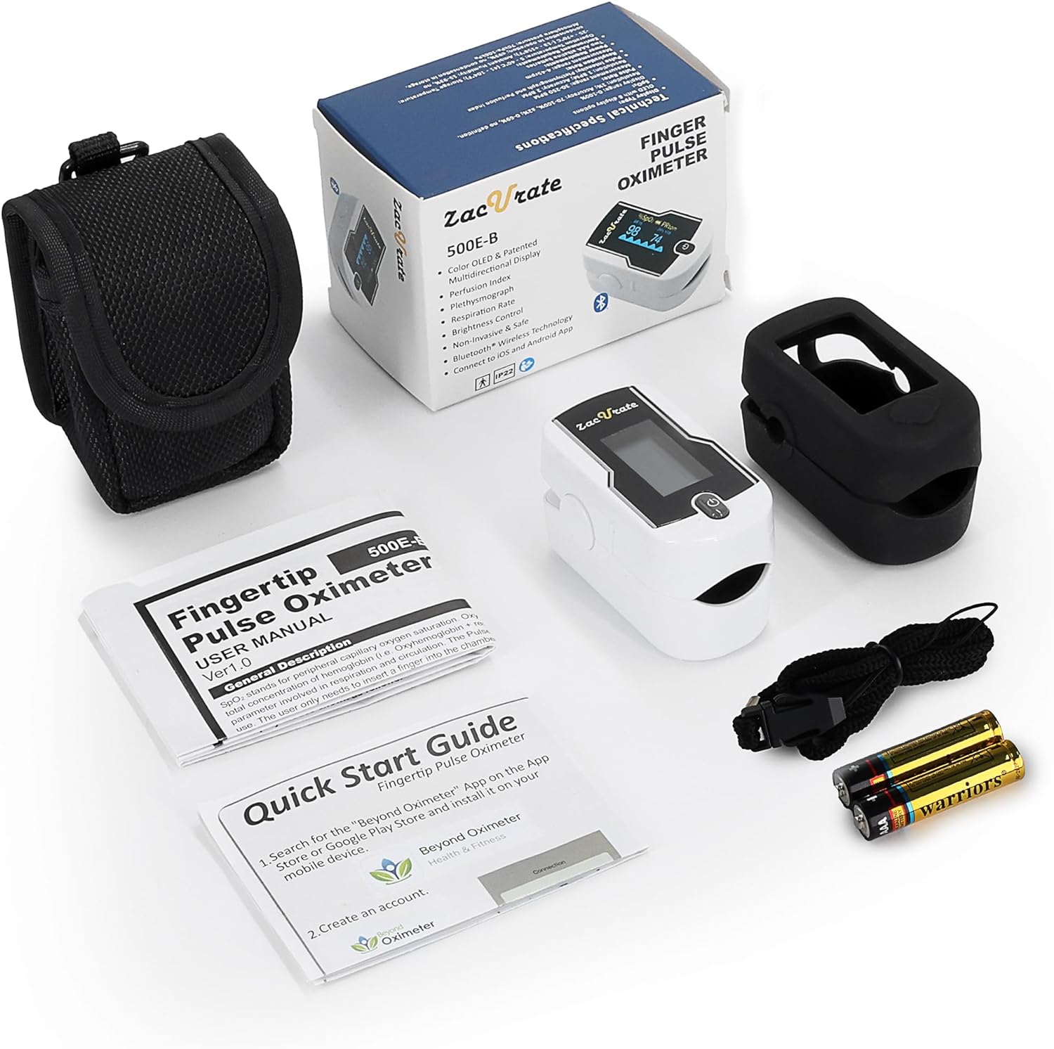 Zacurate 500E-B Oxímetro de pulso de dedo inalámbrico Bluetooth con aplicación GRATIS, SpO2, frecuencia cardíaca, pletismógrafo e índice de perfusión, medidor de oxígeno en la sangre