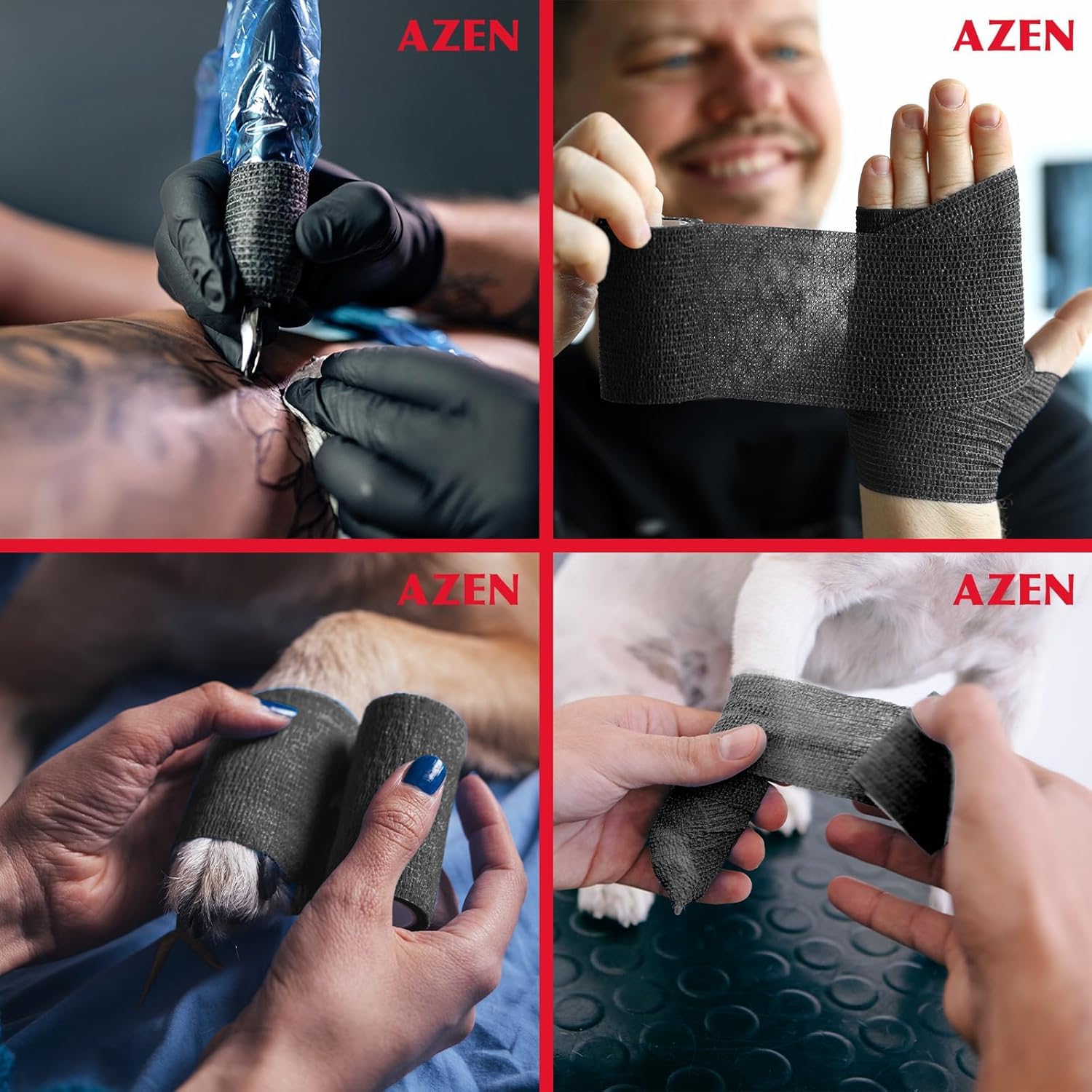 AZEN Paquete de 16 Vendas Autoadhesivas Negras, Cinta Atlética Negra de 2" X 5 Yardas, Venda Veterinaria, Cinta de Agarre para Tatuaje, Cinta para Tobillo, Venda Cohesiva