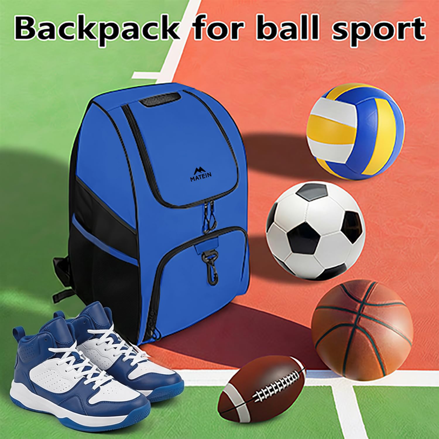 MATEIN - Bolsa de baloncesto, mochila de fútbol resistente con soporte para pelota y compartimento para zapatos, gran mochila de baloncesto para equipo de entrenamiento, mochila de baloncesto