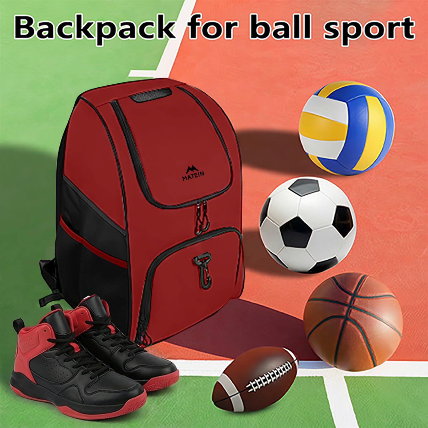 MATEIN - Bolsa de baloncesto, mochila de fútbol resistente con soporte para pelota y compartimento para zapatos, gran mochila de baloncesto para equipo de entrenamiento, mochila de baloncesto