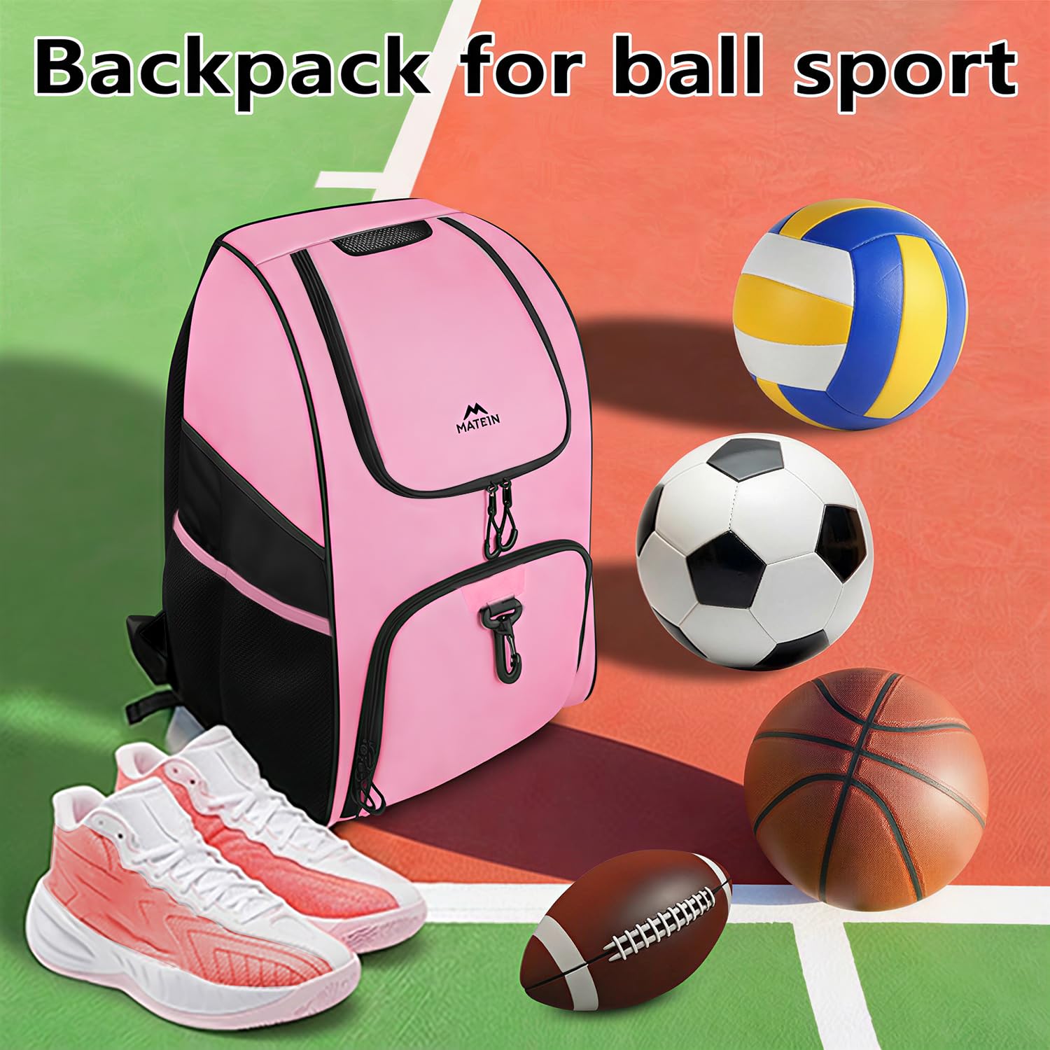 MATEIN - Bolsa de baloncesto, mochila de fútbol resistente con soporte para pelota y compartimento para zapatos, gran mochila de baloncesto para equipo de entrenamiento, mochila de baloncesto