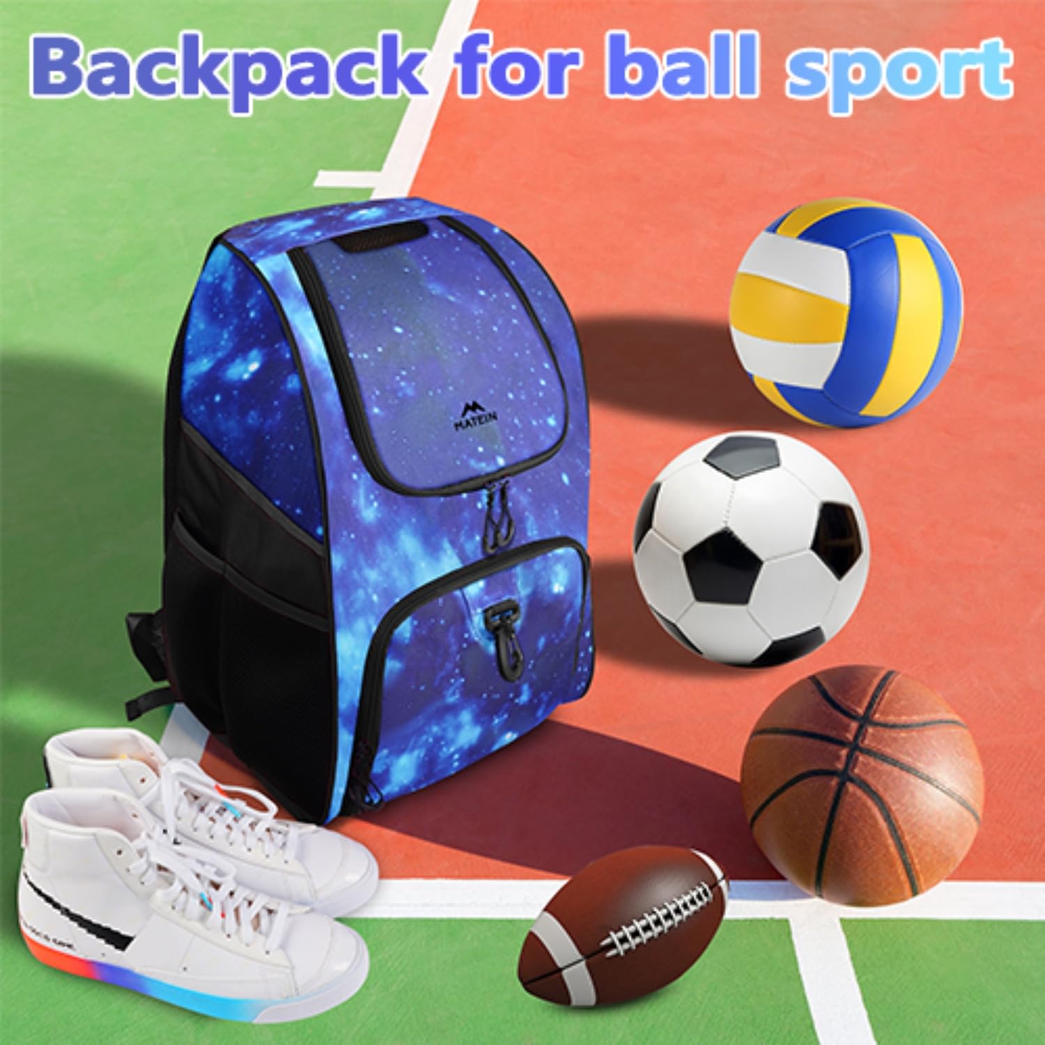 MATEIN - Bolsa de baloncesto, mochila de fútbol resistente con soporte para pelota y compartimento para zapatos, gran mochila de baloncesto para equipo de entrenamiento, mochila de baloncesto