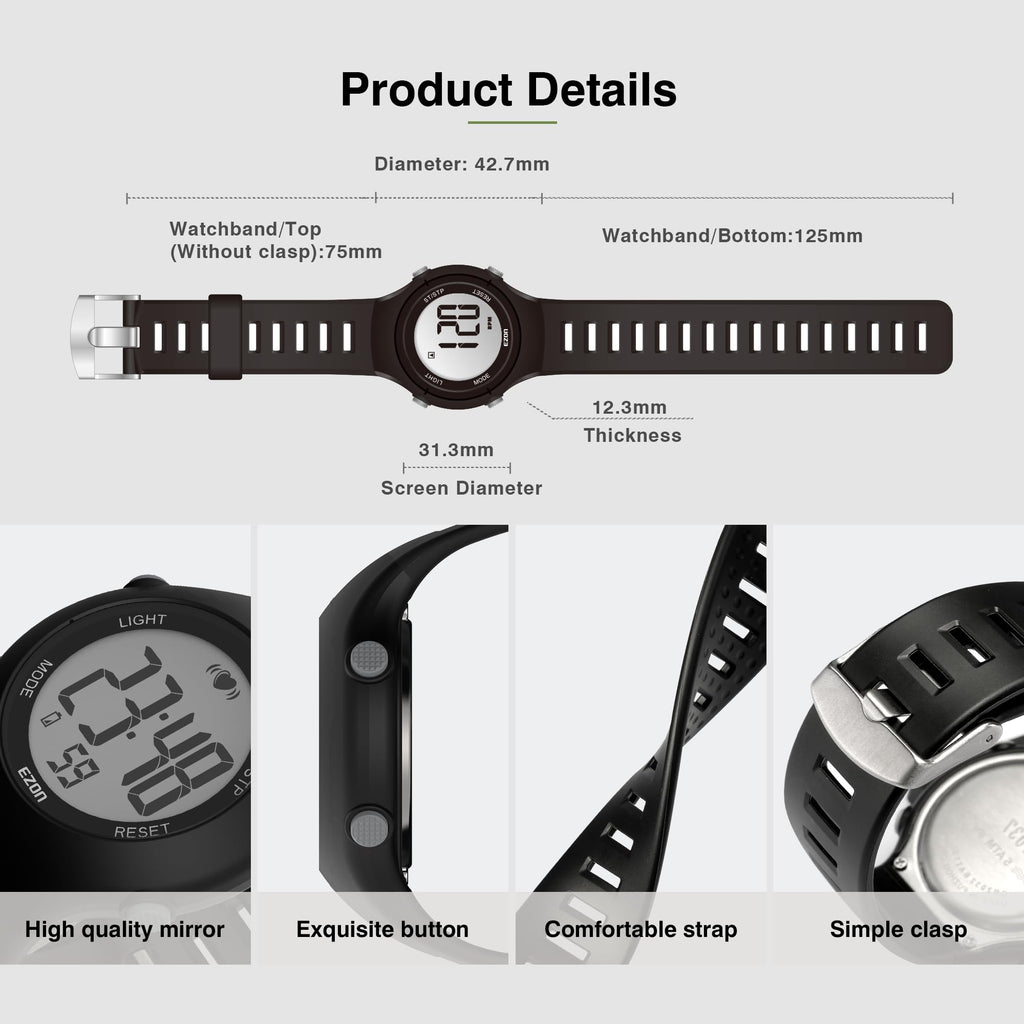 EZON Heart Rate Monitor Chest Strap and Digital Watch,5ATM Waterproof Fitness Tracker with HRM,Calories Burned,Stopwatch and Hourly Chime - Ideal Fitness Presents for Men and Women