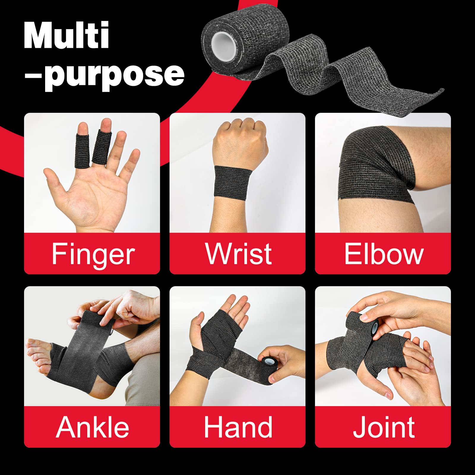 AZEN Paquete de 16 Vendas Autoadhesivas Negras, Cinta Atlética Negra de 2" X 5 Yardas, Venda Veterinaria, Cinta de Agarre para Tatuaje, Cinta para Tobillo, Venda Cohesiva