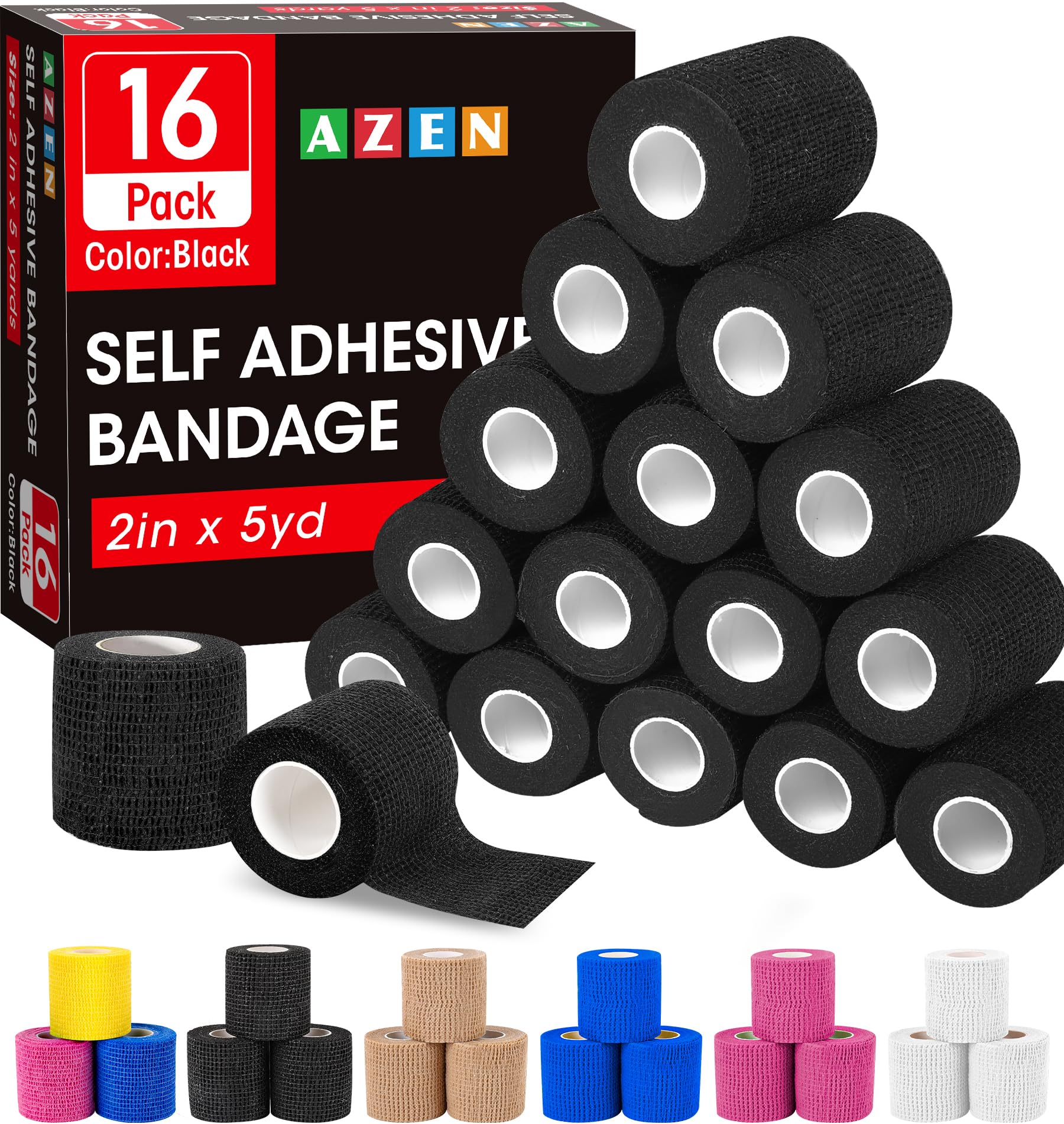 AZEN Paquete de 16 Vendas Autoadhesivas Negras, Cinta Atlética Negra de 2" X 5 Yardas, Venda Veterinaria, Cinta de Agarre para Tatuaje, Cinta para Tobillo, Venda Cohesiva