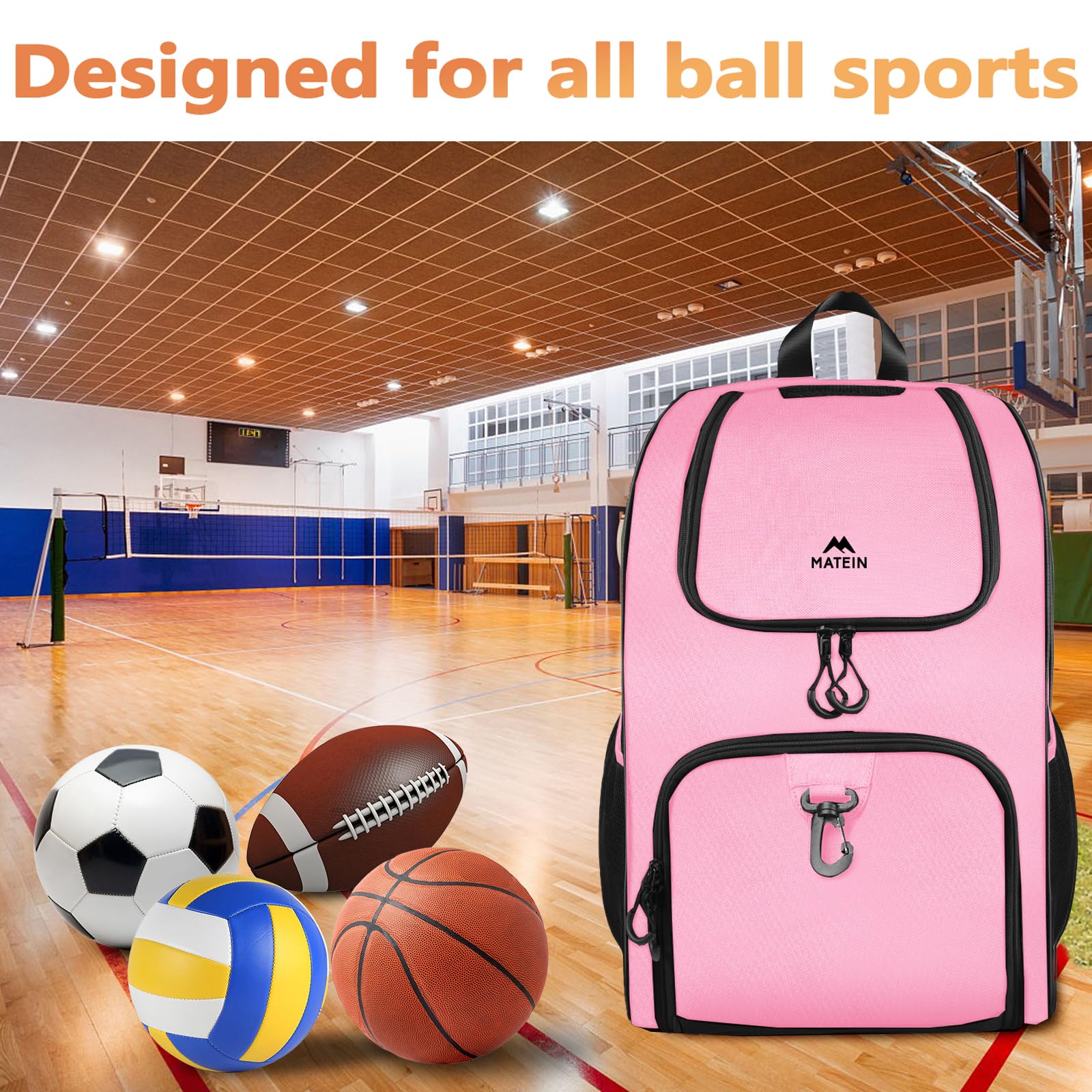 MATEIN - Bolsa de baloncesto, mochila de fútbol resistente con soporte para pelota y compartimento para zapatos, gran mochila de baloncesto para equipo de entrenamiento, mochila de baloncesto