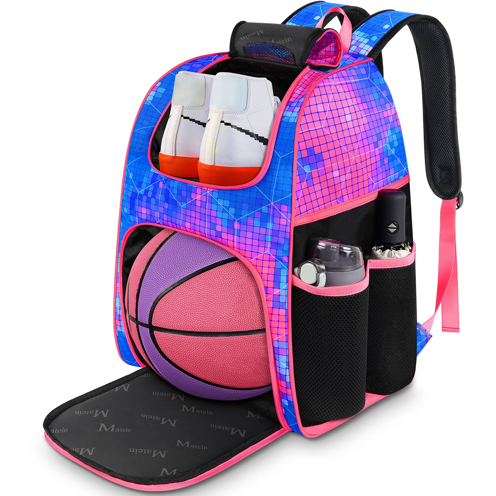 MATEIN - Bolsa de baloncesto, mochila de fútbol resistente con soporte para pelota y compartimento para zapatos, gran mochila de baloncesto para equipo de entrenamiento, mochila de baloncesto