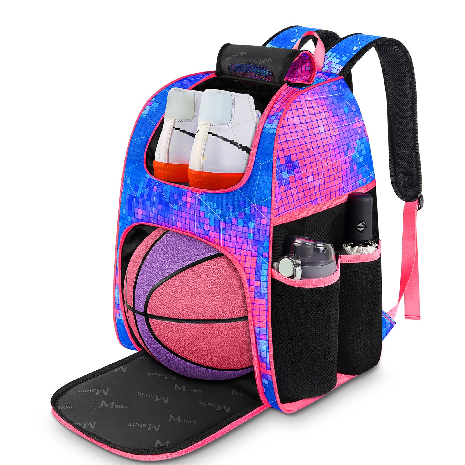 MATEIN - Bolsa de baloncesto, mochila de fútbol resistente con soporte para pelota y compartimento para zapatos, gran mochila de baloncesto para equipo de entrenamiento, mochila de baloncesto