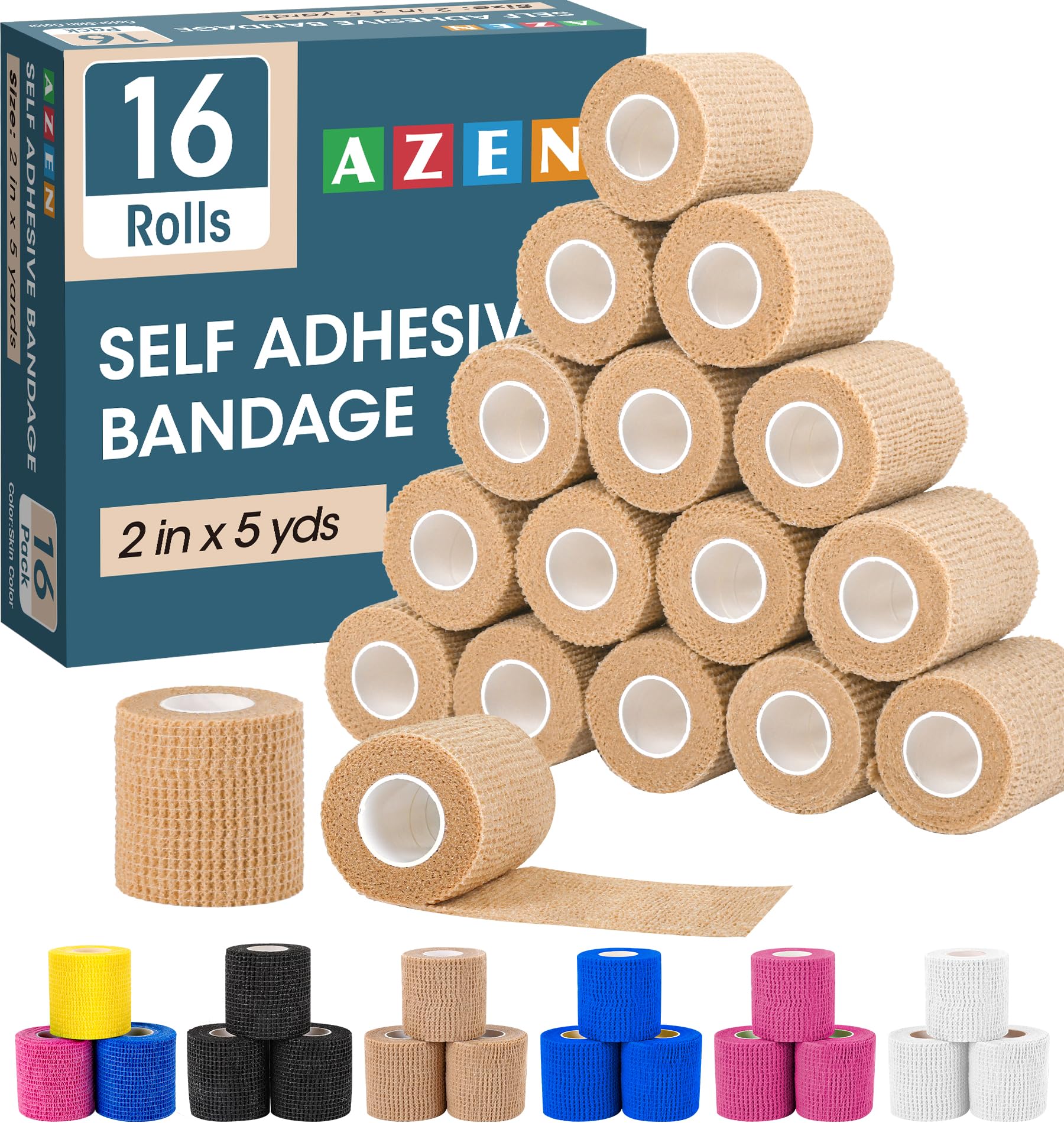 AZEN Paquete de 16 Vendas Autoadhesivas Negras, Cinta Atlética Negra de 2" X 5 Yardas, Venda Veterinaria, Cinta de Agarre para Tatuaje, Cinta para Tobillo, Venda Cohesiva
