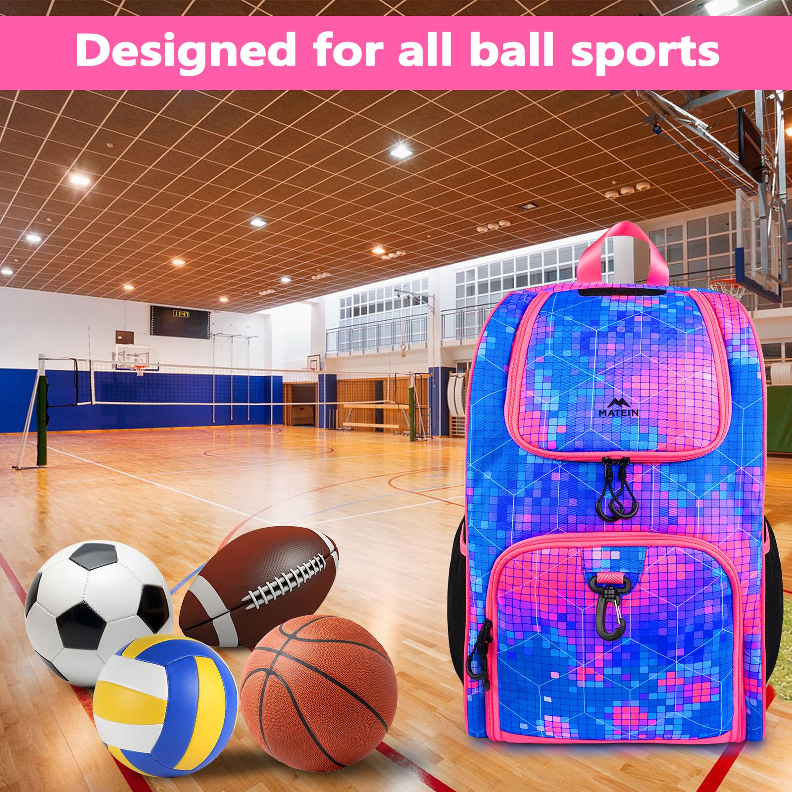 MATEIN - Bolsa de baloncesto, mochila de fútbol resistente con soporte para pelota y compartimento para zapatos, gran mochila de baloncesto para equipo de entrenamiento, mochila de baloncesto