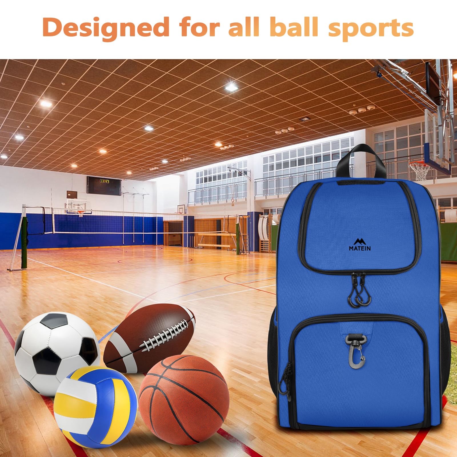 MATEIN - Bolsa de baloncesto, mochila de fútbol resistente con soporte para pelota y compartimento para zapatos, gran mochila de baloncesto para equipo de entrenamiento, mochila de baloncesto