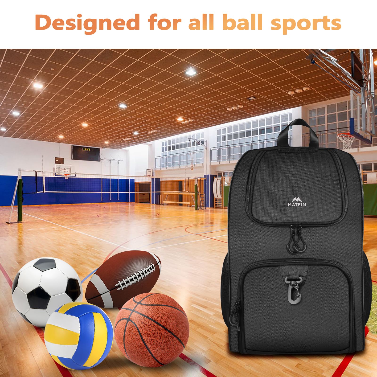 MATEIN - Bolsa de baloncesto, mochila de fútbol resistente con soporte para pelota y compartimento para zapatos, gran mochila de baloncesto para equipo de entrenamiento, mochila de baloncesto